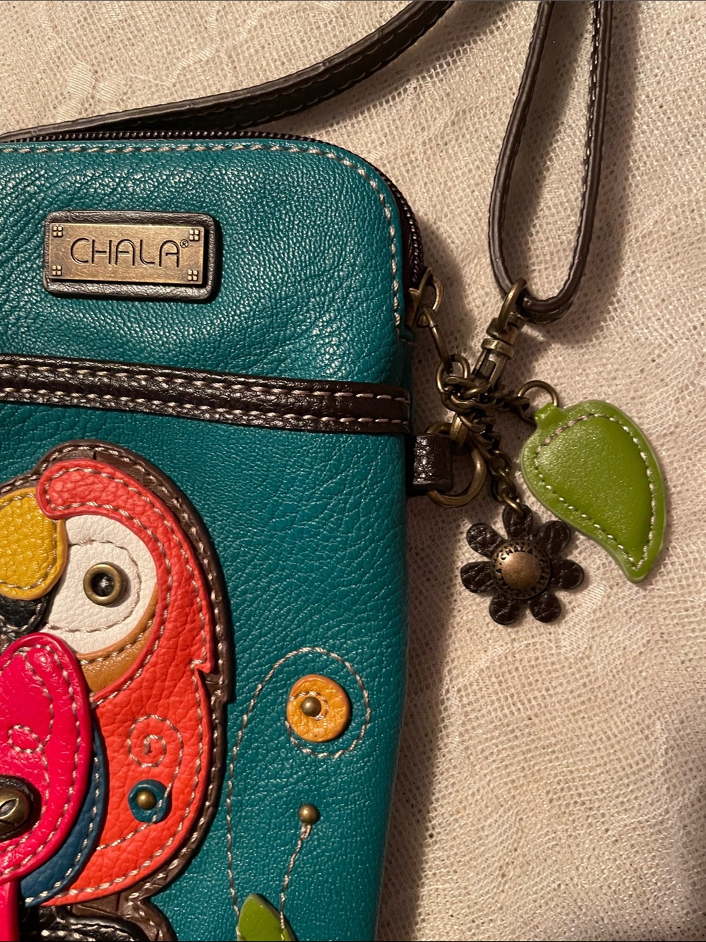 Chala Teal Crossbody Phone Pouch with Colorful Parrot Applique - Picture 3 of 6